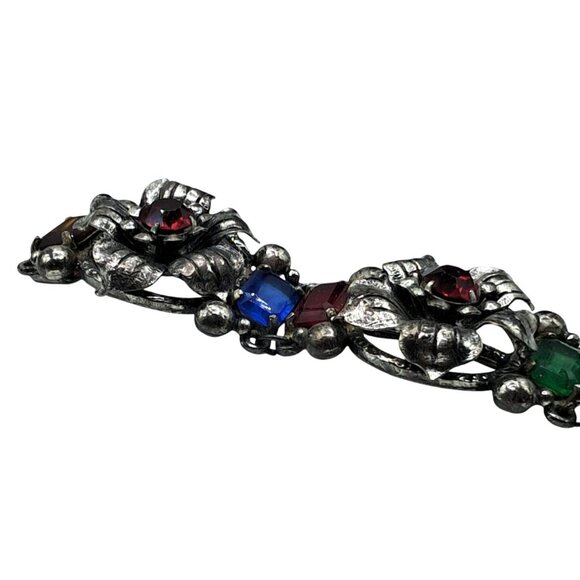 VIntage Rhinestone Bracelet Multicolored Stones Floral Links Flower Costume Jewe - Picture 10 of 13